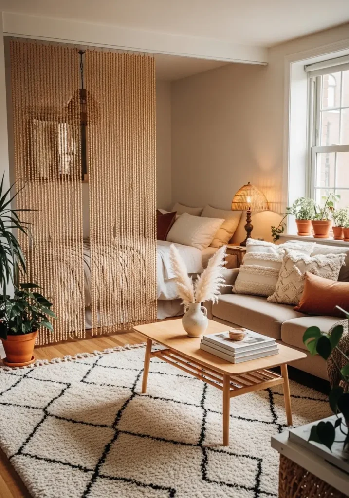 Vintage inspired studio apartment with soft wooden bead curtain hanging between sleeping nook and living room, warm neutral sofa with textured cushions, light wood coffee table, cozy bed behind bead curtain with layered linen bedding, warm lamp glow, woven rug, natural sunlight from window, Pinterest style cozy apartment with relaxed boho charm.

