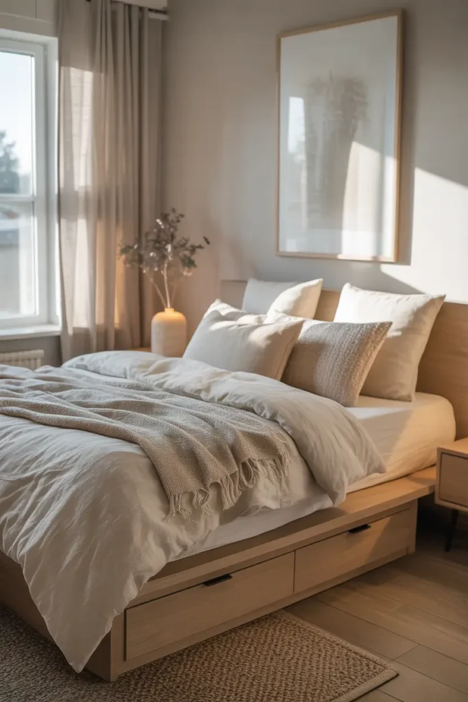 Cozy small apartment bedroom with platform bed featuring drawers underneath, soft neutral bedding, linen duvet in warm cream tone, textured pillows, natural sunlight from window, light wood nightstand beside bed, calm Pinterest-style bedroom design with cozy layered textures.