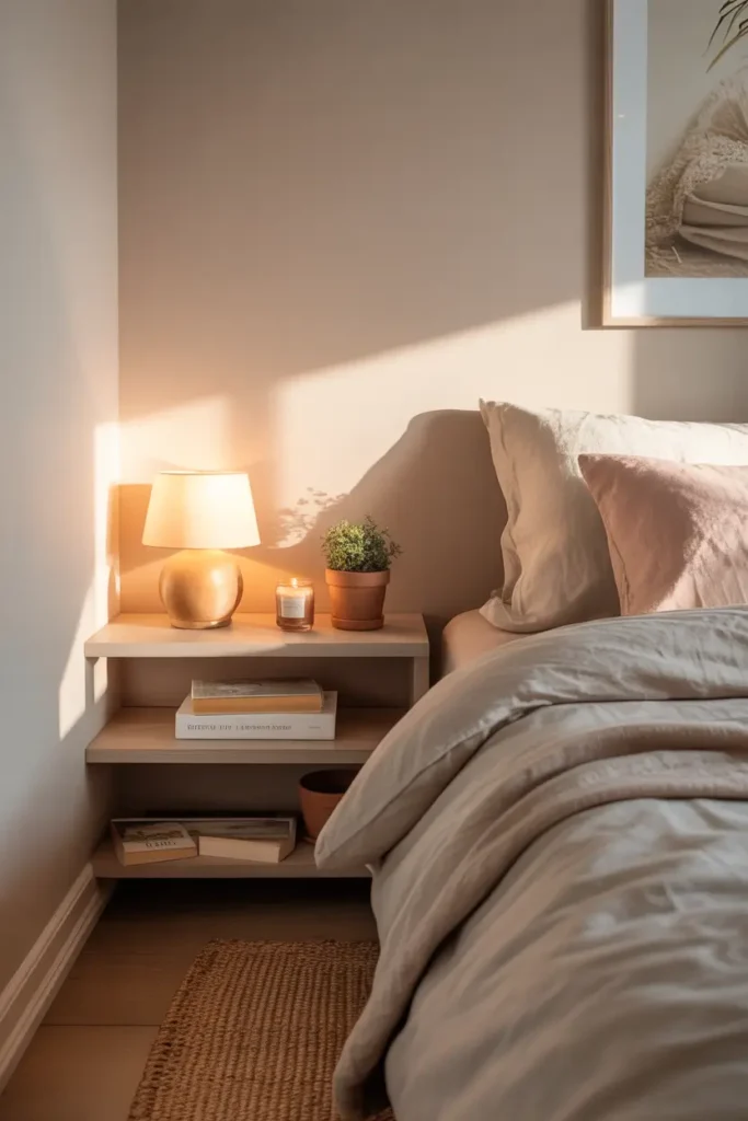 Tiny apartment bedroom with floating bedside shelf holding small lamp, stacked books, candle, and tiny plant, cozy bed with soft linen bedding, pale walls reflecting warm morning light, woven rug beside bed, relaxed feminine decor styling, Pinterest inspired small bedroom scene with calm cozy mood