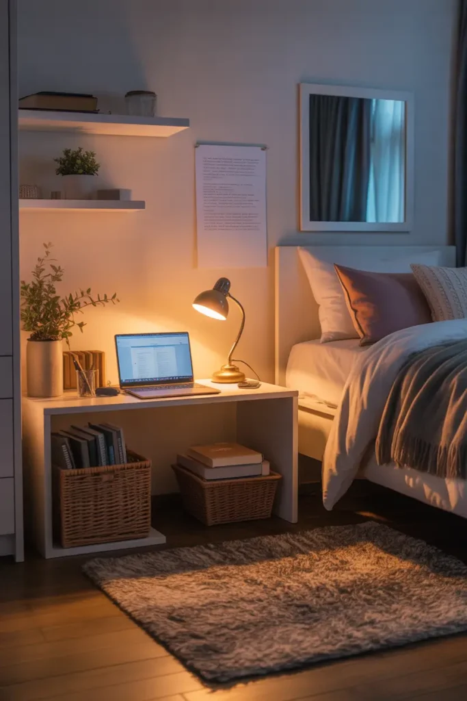 Small dorm study nook beside bed with compact desk, warm desk lamp glowing on books and laptop, cozy bedding with layered blankets nearby, soft rug on floor, gentle lighting creating relaxing Pinterest style dorm room study corner with peaceful nighttime atmosphere.