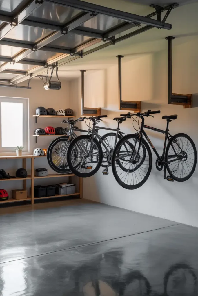 Modern apartment garage with bicycles hanging neatly on wall hooks, bright neutral walls, soft overhead lighting reflecting off polished concrete floor, organized shelves nearby with helmets and gear, calm minimal environment, Pinterest style garage organization scene with airy open feeling and clean layout.