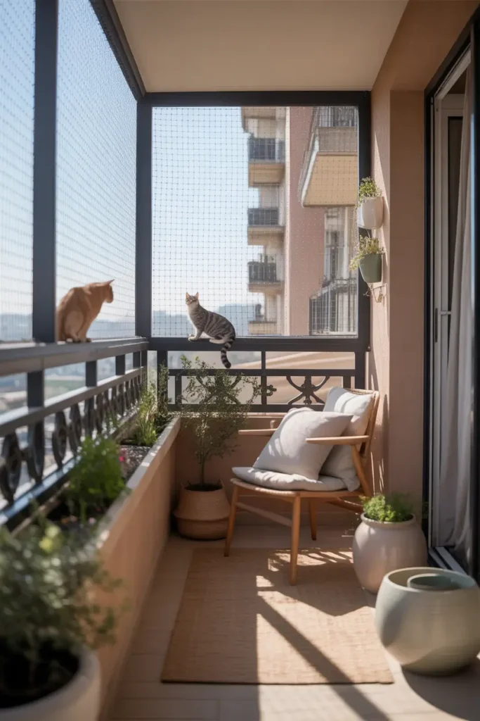  apartment balcony with secure cat proof enclosure and a cozy bird watching perch for a cat near the railing, soft cushion, light woven rug, slim chair, muted ceramic planters, bright calm daylight, realistic shadows, feminine cozy styling, peaceful urban balcony atmosphere, detailed fabric and wood textures, safe pet-friendly design, elegant small-space decor, warm inviting mood, polished Pinterest home photo with soft natural lighting and relaxed feeling