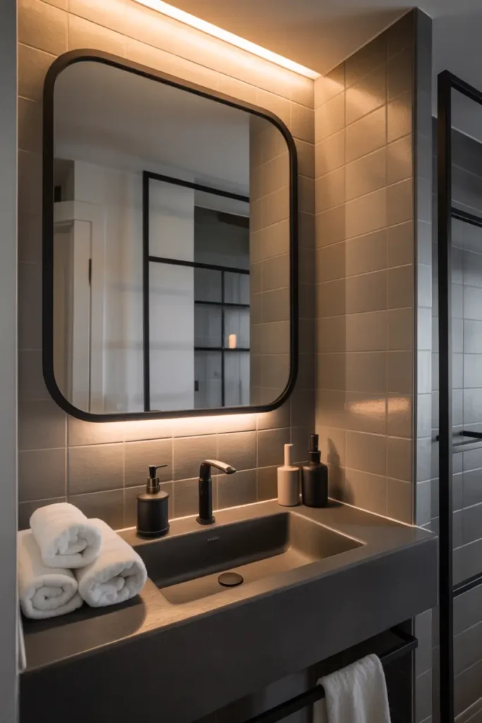 Modern apartment bathroom with matte black fixtures, black framed mirror, neutral wall tiles, soft warm lighting, minimalist styling, folded white towels, realistic Pinterest interior photography, balanced contrast between light and dark elements, cozy modern atmosphere with clean lines and subtle elegance.