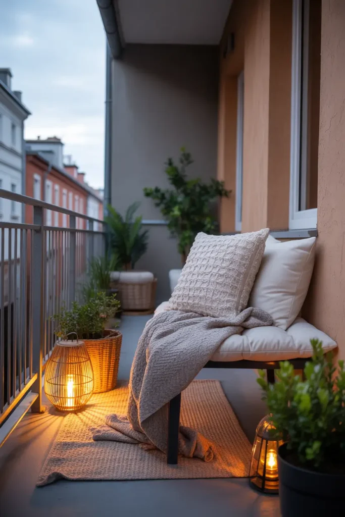 Small apartment balcony turned into a cozy blanket and pillow retreat, slim bench layered with plush cushions, knit throws, woven textures, soft lantern light, warm evening glow, a few potted plants around edges, realistic Pinterest style balcony photography, inviting feminine atmosphere, rich soft fabrics, peaceful apartment setting, intimate outdoor comfort corner with layered cozy details and calming mood