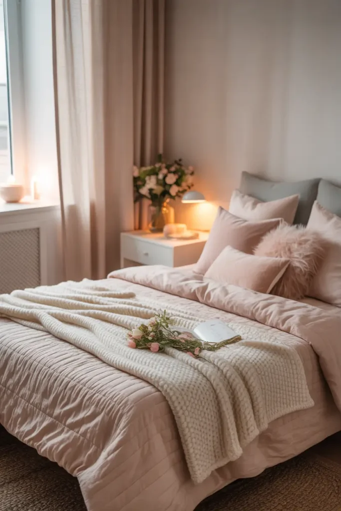Pinterest style feminine apartment bedroom with soft blush pink bedding layers, textured quilt, fluffy pillows, cream knit throw blanket across foot of bed, warm morning light coming through sheer curtains, white nightstand with small lamp and fresh flowers, soft neutral walls, cozy and romantic atmosphere, natural light photography, calm and dreamy bedroom styling with delicate textures and warm tones.