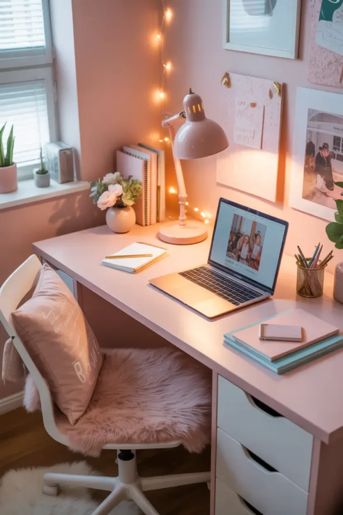 Cute dorm room desk styled with blush pink accessories, pastel desk lamp, laptop with cozy aesthetic wallpaper, soft chair cushion, small gold pen holder, notebooks stacked neatly, warm fairy lights along wall, fluffy rug under chair, natural window light creating soft Pinterest style dorm study space with feminine cozy atmosphere.