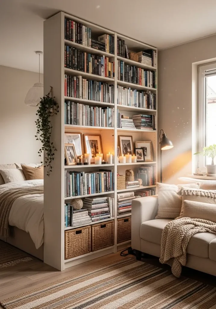 Cozy studio apartment with tall bookshelf wall used as divider between bed nook and living room, filled with books, woven storage baskets, candles, framed photos, soft beige sofa nearby, layered rug, warm floor lamp lighting, sunlight filtering through window, Pinterest style apartment with cozy textures and lived in warmth.

