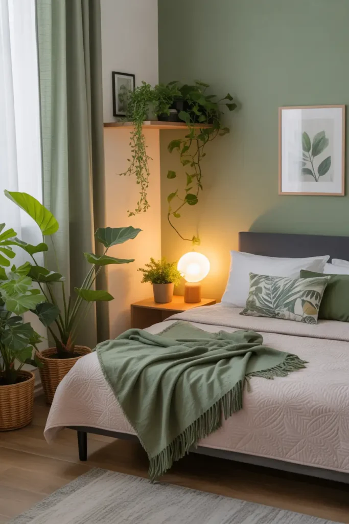 Cozy apartment bedroom corner filled with soft green tones and leafy plants, small wooden shelf with trailing plants, green throw blanket on bed, warm lamp lighting, soft rug, neutral walls, airy curtains, peaceful botanical themed bedroom with fresh relaxed atmosphere.