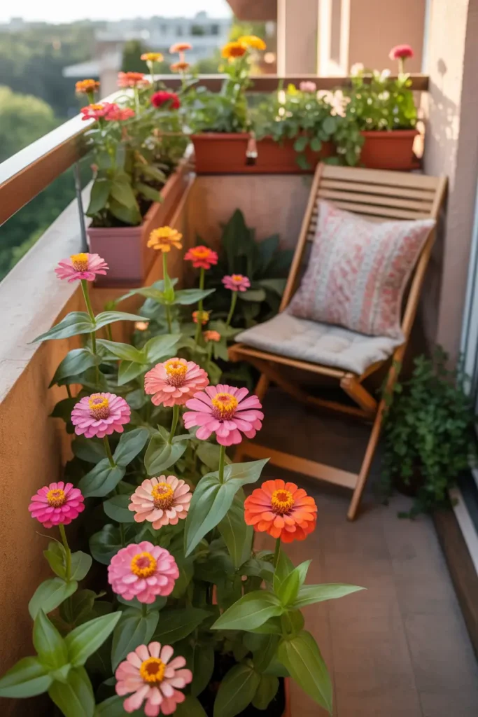 Colorful apartment balcony corner with zinnia flowers blooming in pink, coral, and orange shades, arranged in terracotta pots along wooden railing, cozy wooden folding chair with patterned cushion nearby, late afternoon sunlight warming balcony floor, layered plants and soft linen textures surrounding seating area, vibrant Pinterest style balcony garden with lively but cozy atmosphere.