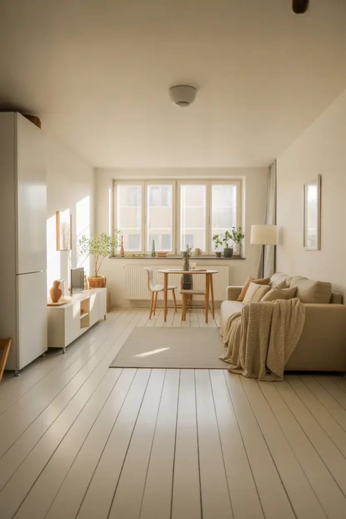 Scandinavian style apartment over garage interior with white walls, pale wood floors, minimal furniture, cozy neutral sofa, soft knit blanket, small dining table near window, gentle sunlight filling room, plants and ceramic decor pieces, Pinterest aesthetic apartment photography, airy layout, natural textures, calm modern styling, simple cozy environment with bright atmosphere