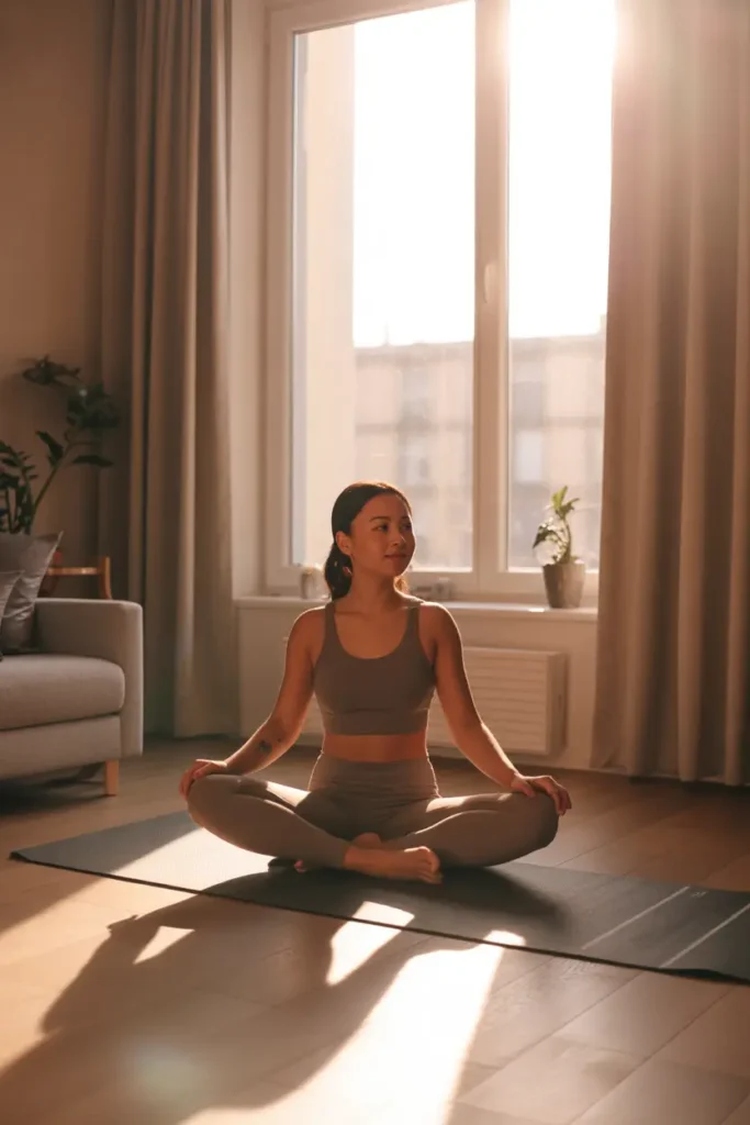 bright apartment workout space beside tall window with sheer curtains letting in soft morning sunlight, neutral yoga mat on light wooden floor, small indoor plant placed near window, cozy apartment interior with calm neutral palette, soft textures and minimal decor, warm natural lighting filling room, Pinterest style home gym scene with peaceful wellness vibe and modern small apartment styling.