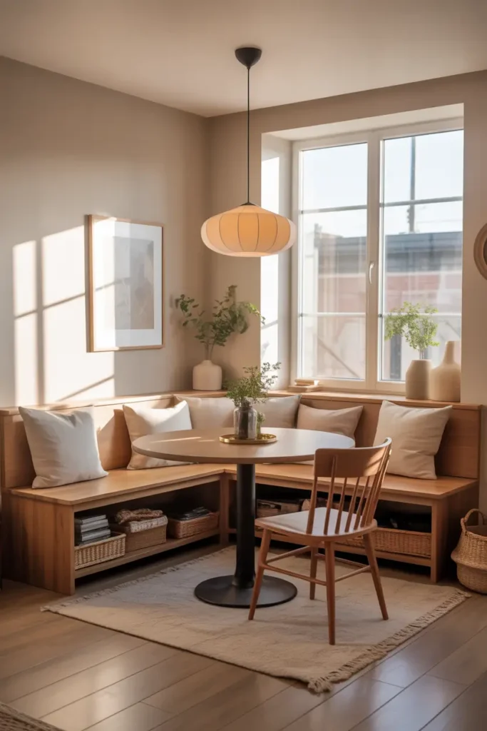 Small loft apartment dining corner with built in bench seating that includes hidden storage beneath cushions, warm wood bench, round dining table, soft pendant lighting, neutral decor, cozy pillows along bench, natural sunlight through window, Pinterest style interior photography capturing practical yet stylish tiny apartment design.