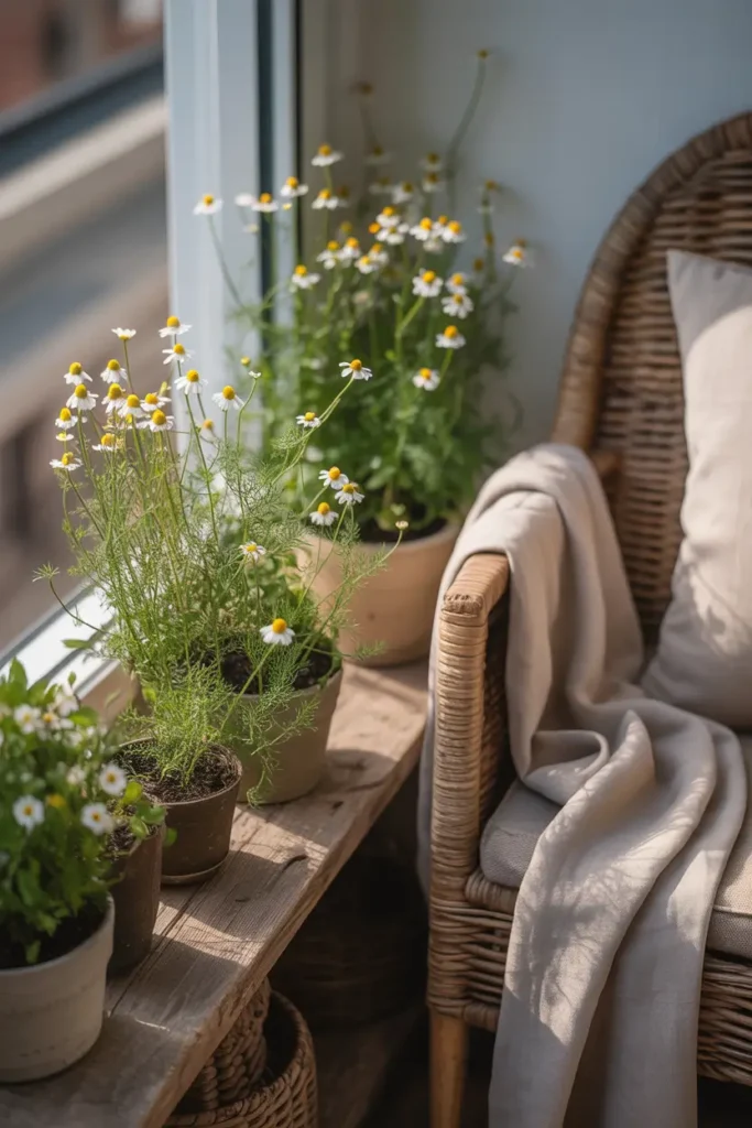 Quiet apartment balcony corner styled with chamomile flowers growing in small clay pots placed on rustic wooden shelf, woven chair with cream cushion nearby, soft linen blanket draped gently over armrest, morning sunlight filtering across balcony floor, delicate white flowers with yellow centers creating peaceful herbal garden vibe, cozy Pinterest style relaxation nook.