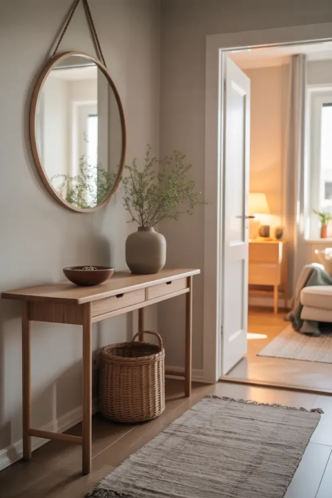 Minimalist apartment entryway with slim wooden console table, neutral runner rug, ceramic bowl for keys, soft wall mirror reflecting natural light, Scandinavian decor style, warm sunlight entering doorway, realistic Pinterest interior photography, clean layout, cozy textures, calm, welcoming atmosphere in small apartment entrance.