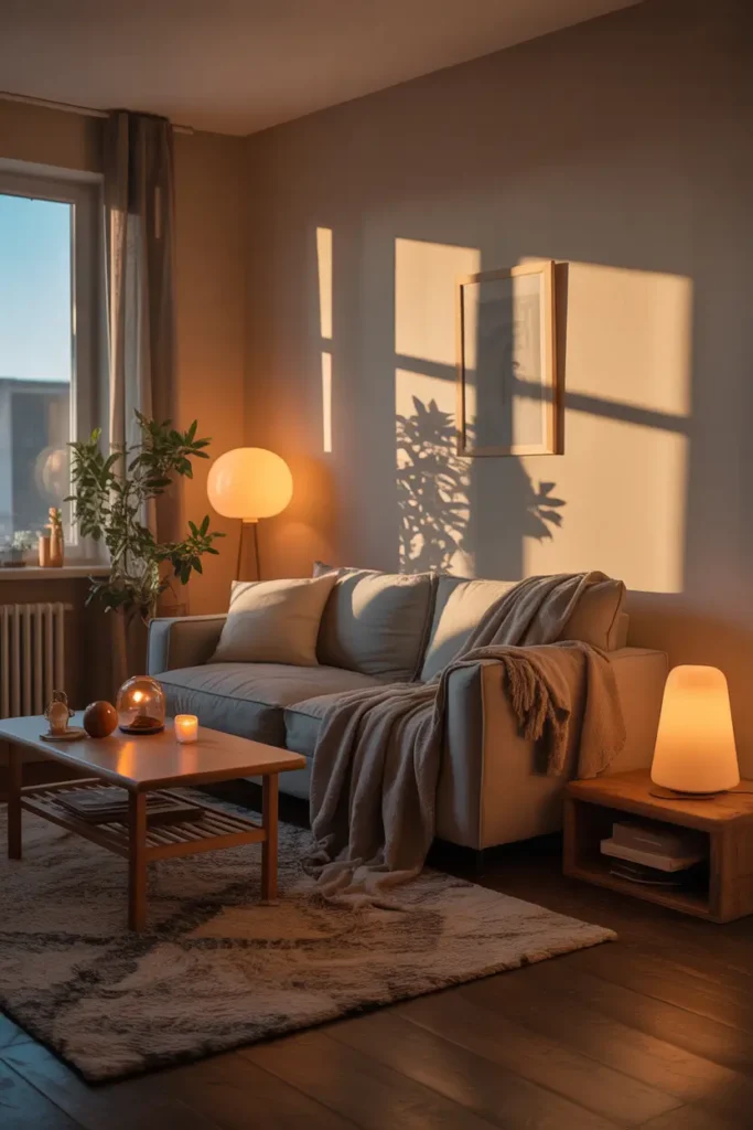 Small apartment living room during evening with several warm lamps glowing softly, cozy sofa with blankets, wooden coffee table, neutral rug, gentle shadows across walls, relaxed poor apartment aesthetic interior styling, peaceful calm mood, Pinterest style realistic interior photography.