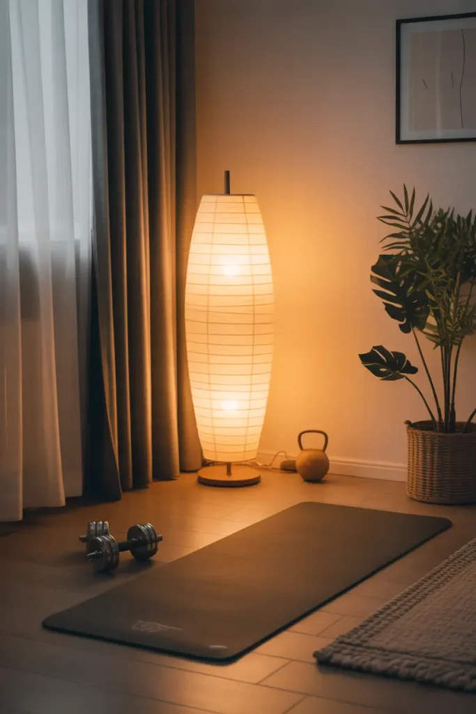 cozy evening apartment gym setup with neutral yoga mat on wooden floor, warm floor lamp casting soft golden light, small dumbbell set placed neatly beside mat, textured rug nearby, indoor plant and minimal modern decor, peaceful apartment interior designed for nighttime workouts, Pinterest style interior photography with warm lighting and relaxing atmosphere.