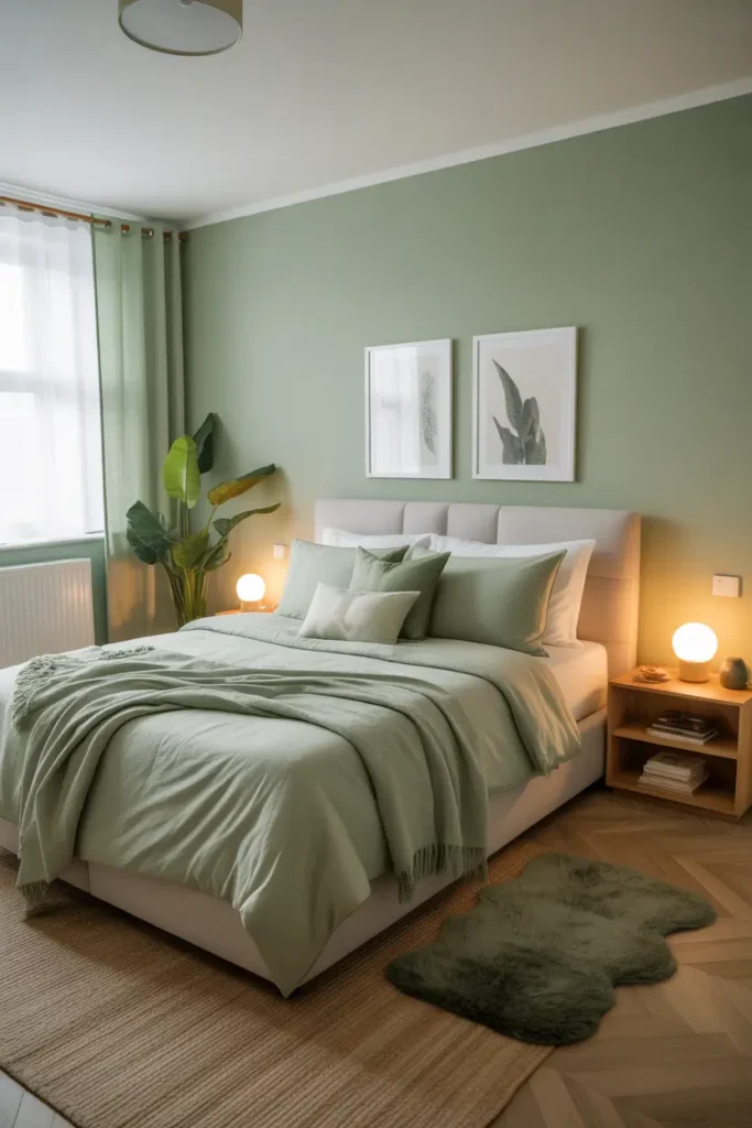 apartment bedroom with layered green tones throughout room, sage bedding, mint pillows, soft green throw, natural wood furniture, cozy rug, warm bedside lamps, gentle daylight and peaceful feminine bedroom styling.