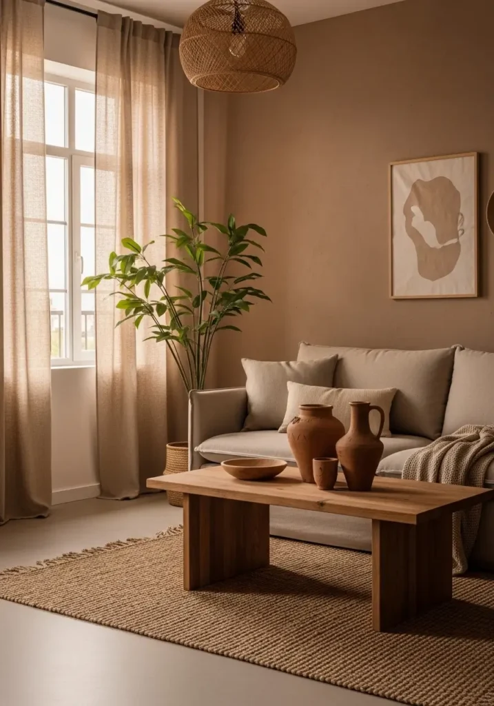Minimal earthy apartment living room with beige linen sofa, wooden coffee table, clay pottery decor, woven rug, tall leafy plant near window, linen curtains glowing in soft sunlight, neutral palette with sand and warm brown tones, calm Pinterest inspired apartment interior with simple natural styling.