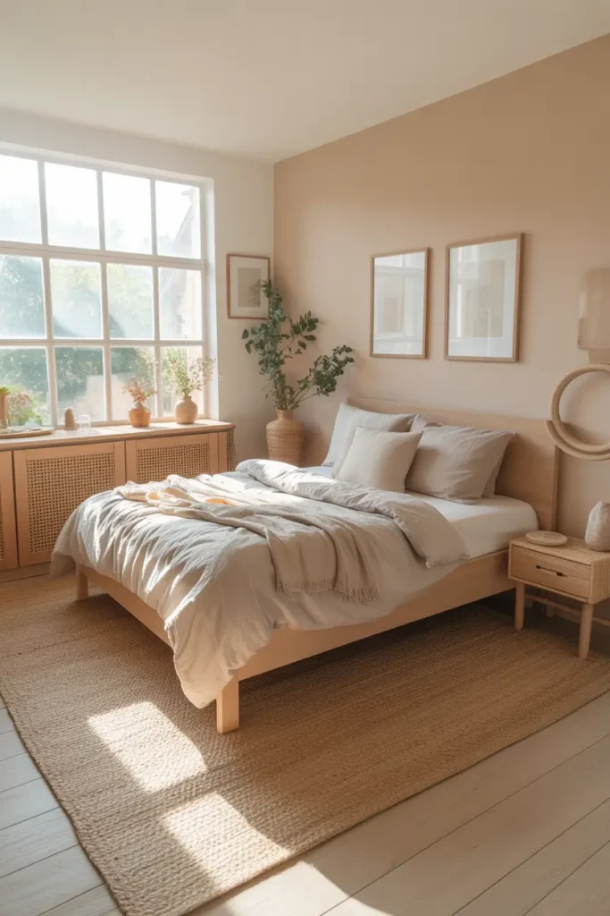 Apartment over garage bedroom studio with soft beige color palette, simple bed with textured bedding, light wood furniture, woven rug, large window sunlight, minimal decor pieces, Pinterest style interior photography, peaceful calm atmosphere, soft natural tones creating relaxing cozy small home feeling