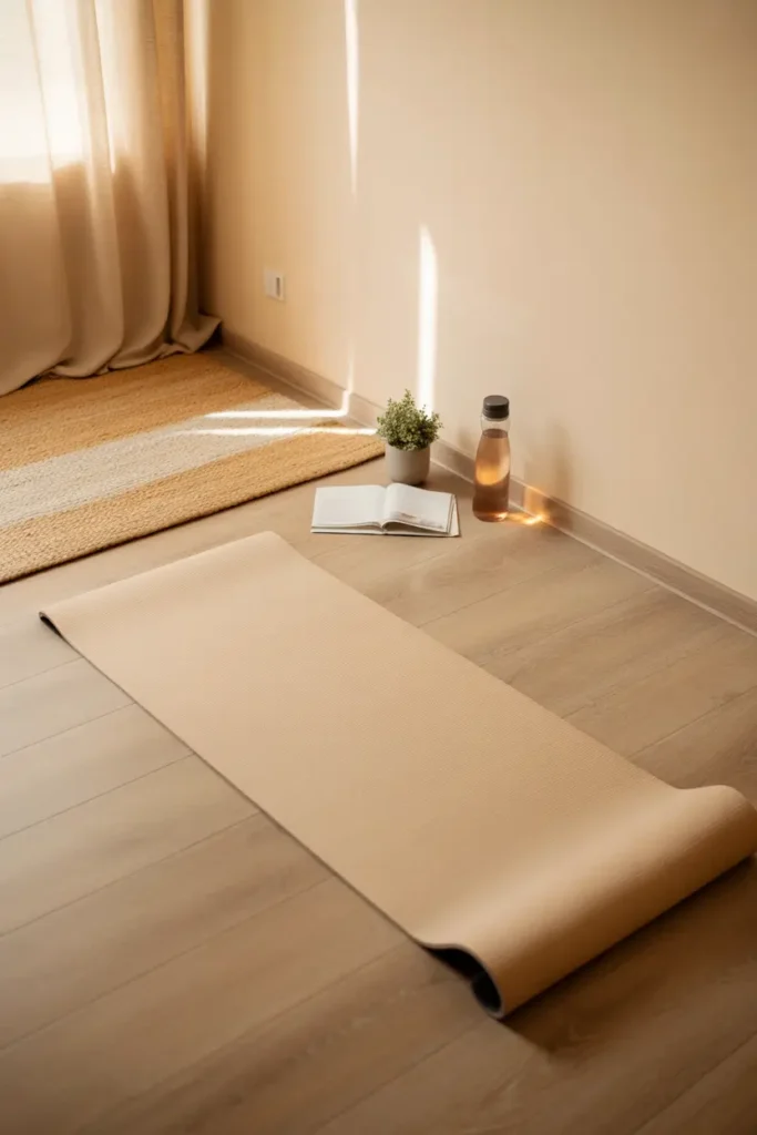 minimal neutral apartment workout space with beige yoga mat on light oak flooring, soft cream walls, cozy woven rug nearby, small plant and water bottle placed neatly beside mat, natural sunlight filtering through window curtains, warm relaxing atmosphere, Pinterest style apartment fitness corner with calm minimalist interior design and soft textures.