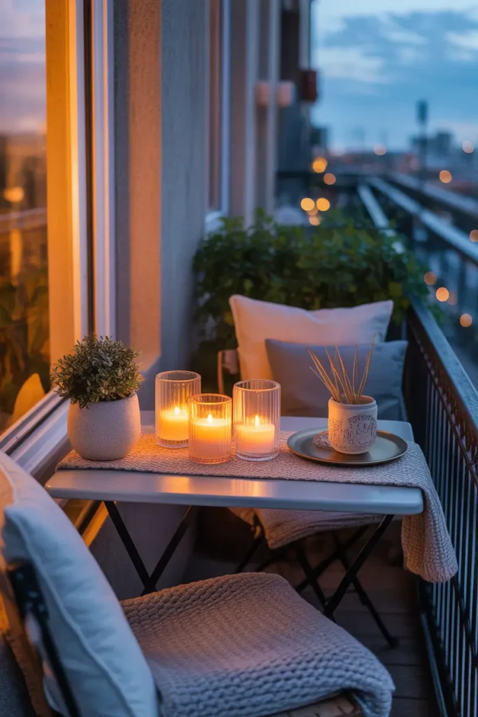 small apartment balcony table styled with candle look LED lights in glass holders, soft flickering warm glow, tiny café table, cushioned chair, folded knit throw, ceramic planter, subtle greenery, textured table runner, cozy nighttime apartment balcony, feminine modern decor, realistic warm lighting, close and intimate layout, city evening background, layered textures, peaceful homey mood, stylish renter-friendly balcony setup.