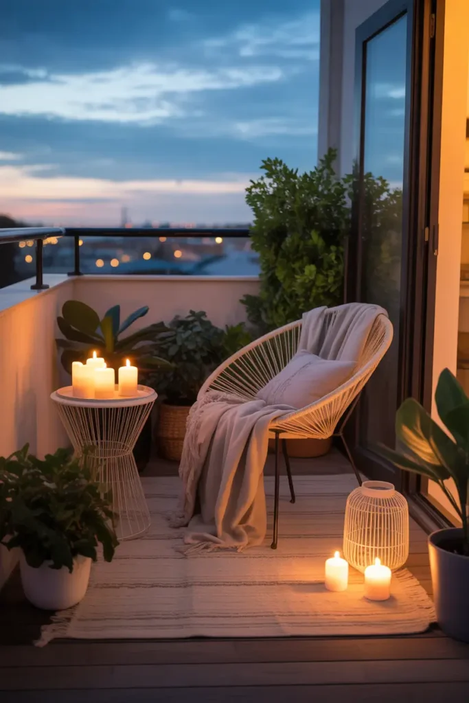 Tiny balcony patio styled for evening with multiple soft candles placed on small table and floor lanterns, cozy woven chair with warm blanket, dark sky backdrop with gentle city lights, neutral textured rug and potted plants around the space, intimate relaxing lighting creating dreamy Pinterest style apartment balcony atmosphere.