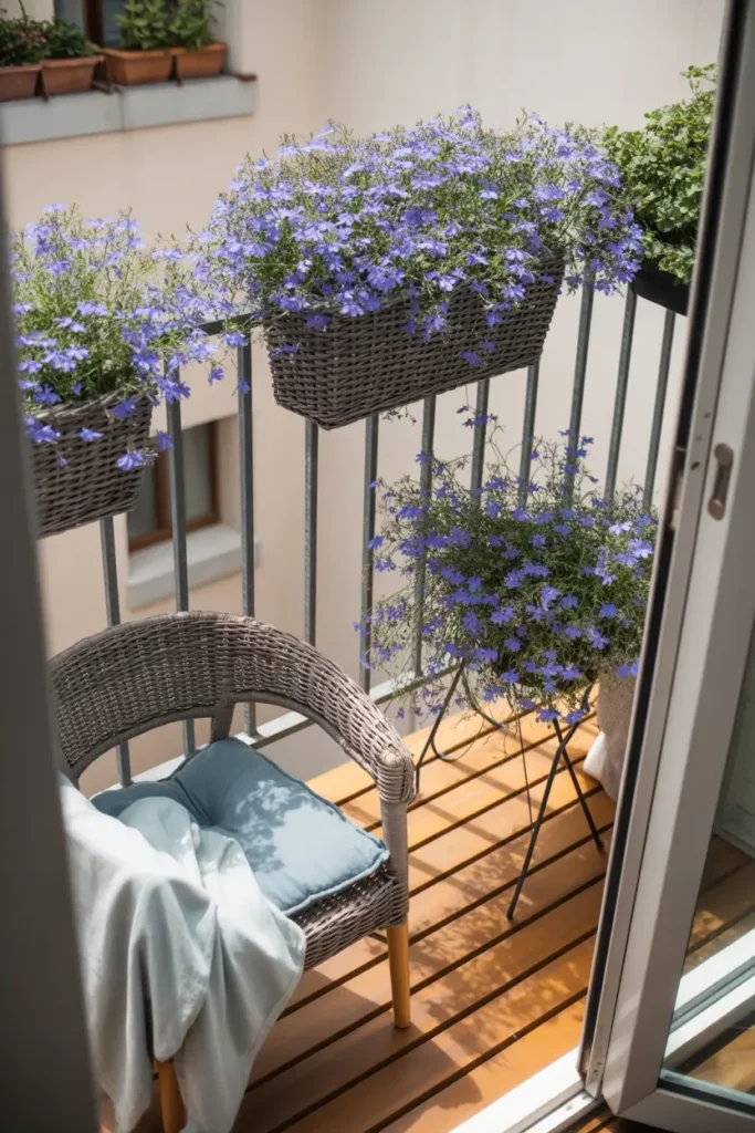 Small apartment balcony railing decorated with hanging baskets of blue lobelia flowers spilling gently over edges, cozy wicker chair with soft light blue cushion below, wooden floorboards glowing under warm sunlight, soft linen blanket folded nearby, delicate blue blossoms creating flowing texture, peaceful airy Pinterest balcony scene filled with relaxed charm.