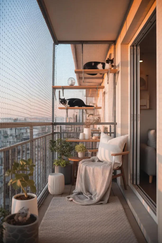 apartment balcony with mounted wooden cat shelves on one wall, secure transparent mesh around balcony edges, soft neutral rug, white chair with light knit throw, ceramic planters, warm sunset lighting, elegant small-space styling, cozy feminine apartment decor, realistic cat-friendly furniture, layered textures, calm urban balcony vibe, detailed wood grain, airy open feel, safe pet balcony design, natural light, high-end home photography style, inviting and peaceful mood