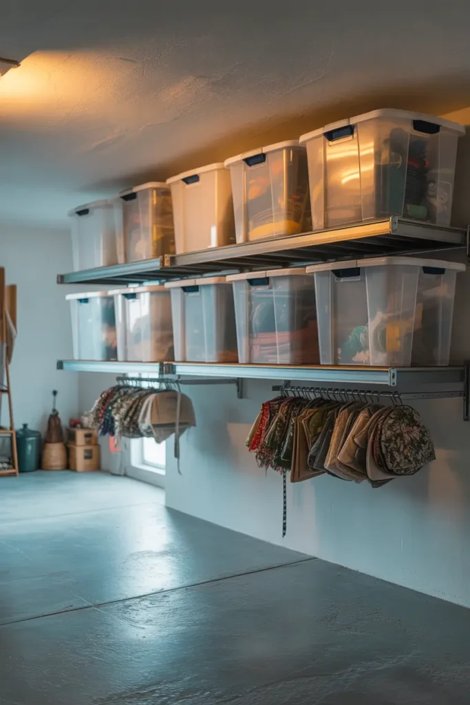 Modern apartment garage with ceiling mounted metal storage racks holding plastic bins and folded seasonal decorations, soft diffused overhead lighting reflecting off light gray concrete floor, minimal clutter below, bright neutral walls, cozy organized garage scene with subtle shadows and airy feeling, Pinterest inspired realistic interior photography style.