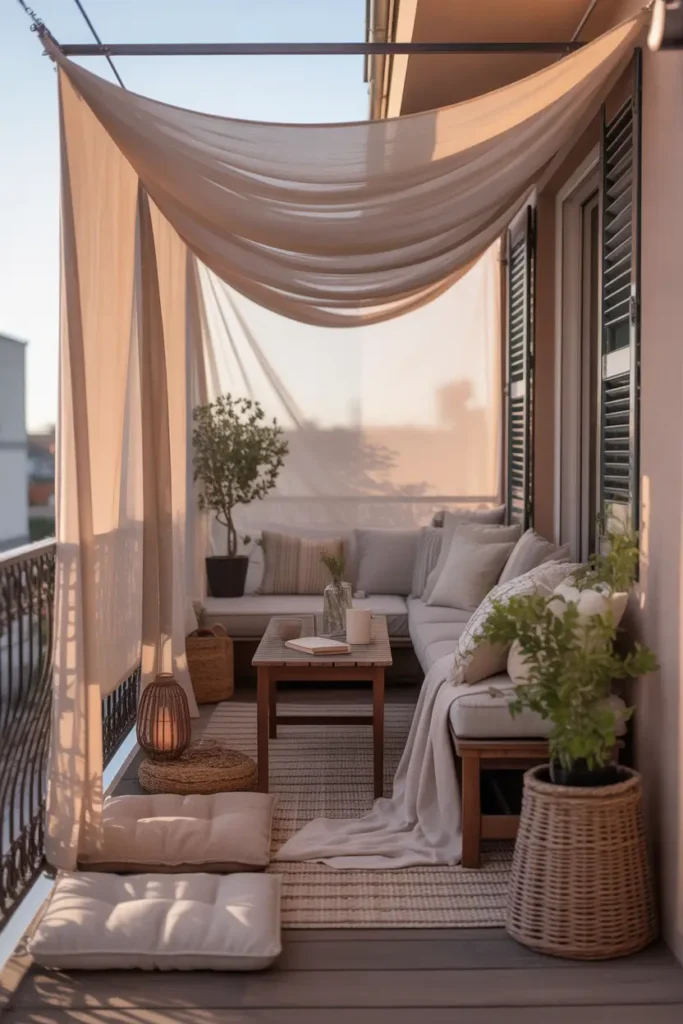 apartment balcony with ceiling mounted fabric canopy in soft ivory draped overhead, small balcony with layered floor cushions, low wooden table, lantern, potted plants, cozy woven textures, gentle afternoon light filtering through fabric, warm neutral tones, feminine and calming styling, realistic apartment setting, soft shadows, airy draped textiles, intimate outdoor nook feeling, Pinterest-inspired cozy balcony design with elegant textures and peaceful mood.