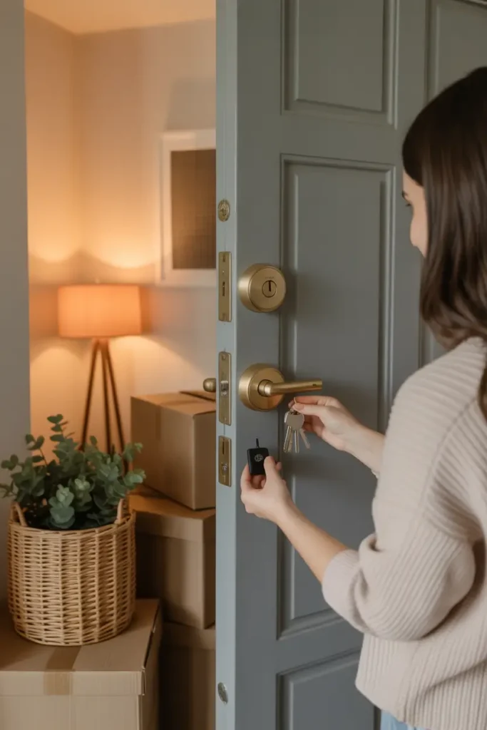 Stylish apartment entryway scene with modern door and brass lock, woman holding new keys while installing fresh lock set, soft warm lighting from hallway lamp, moving boxes stacked beside wall, neutral minimal decor with woven basket and plant, cozy Pinterest inspired interior photography, realistic home security moment during move in day.