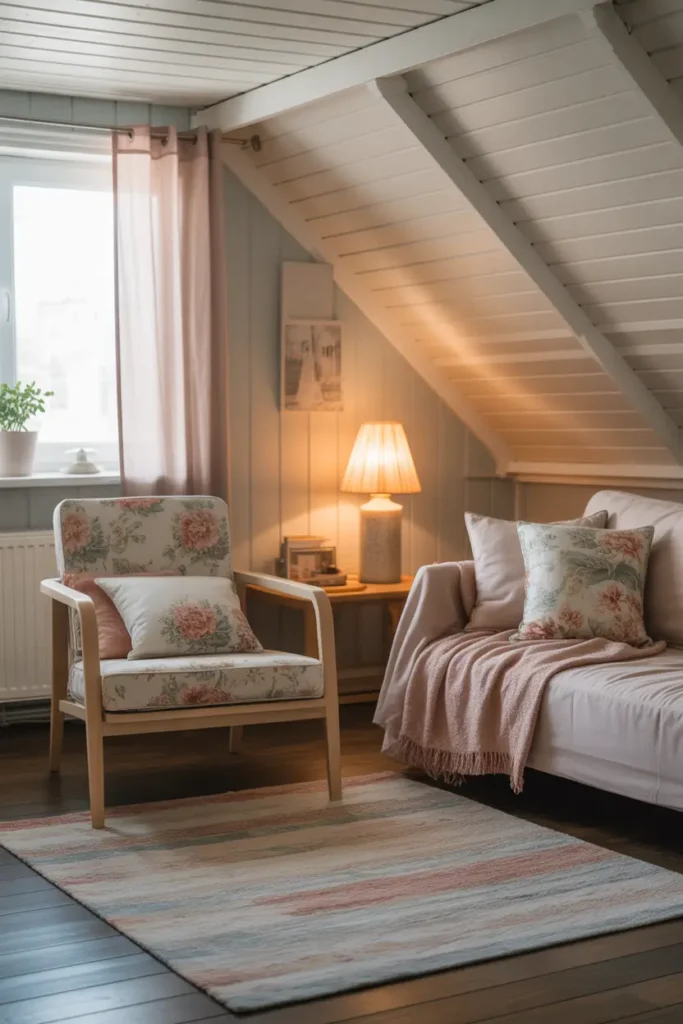 Cottage style apartment over garage interior with floral cushions, light wooden furniture, cozy armchair, warm table lamp glow, pastel accents, textured rug, soft curtains near window, Pinterest cozy cottage apartment photography, relaxed welcoming mood, charming small living space filled with warmth