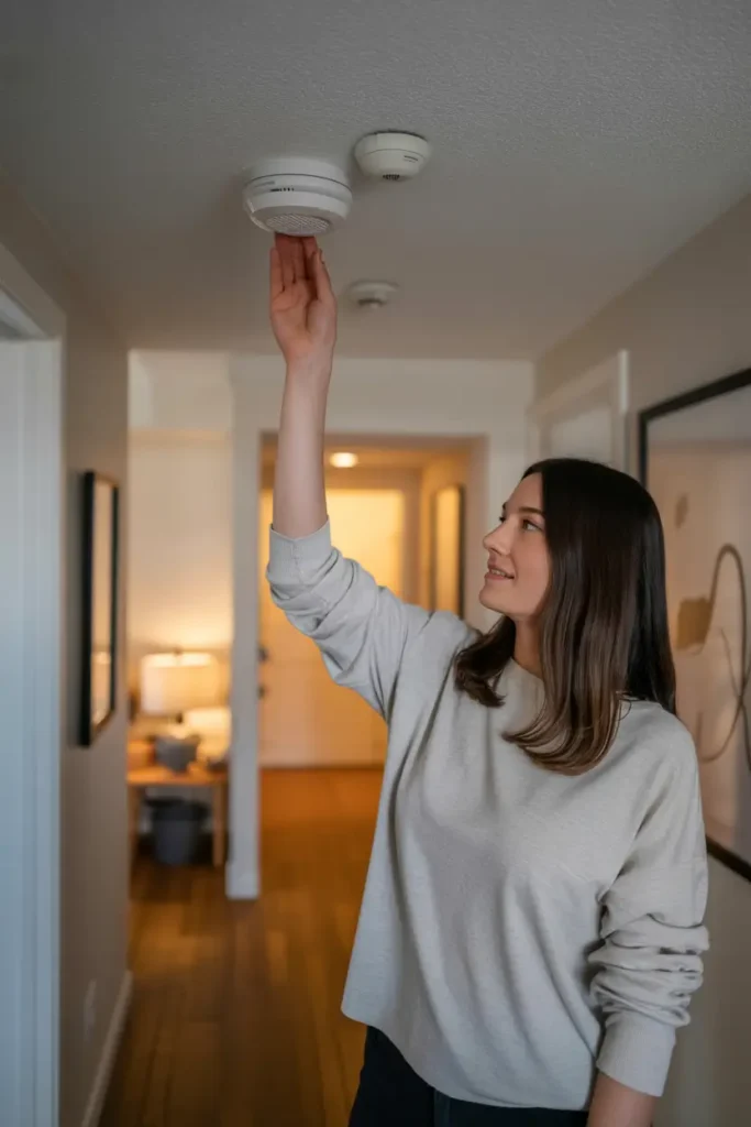 Modern apartment hallway scene where woman gently testing smoke detector mounted on ceiling, warm indoor lighting, neutral apartment decor with simple wall art and wooden flooring, soft shadows and calm environment, Pinterest style interior photography capturing home safety moment during move in preparation.