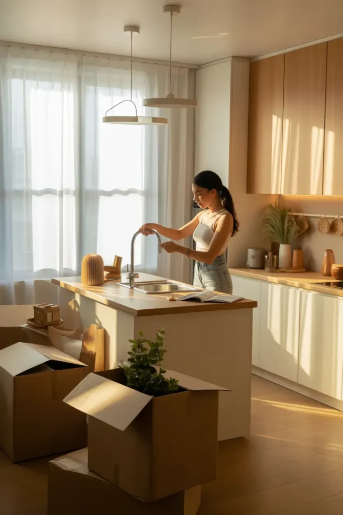 Modern apartment kitchen and living area with warm lighting, woman checking light switches and water faucet during move in day, open moving boxes on kitchen island, sunlight glowing through sheer curtains, neutral cozy interior styling, natural wood cabinets, soft textures and calm modern decor, Pinterest home inspiration photography, bright and realistic lifestyle scene.
