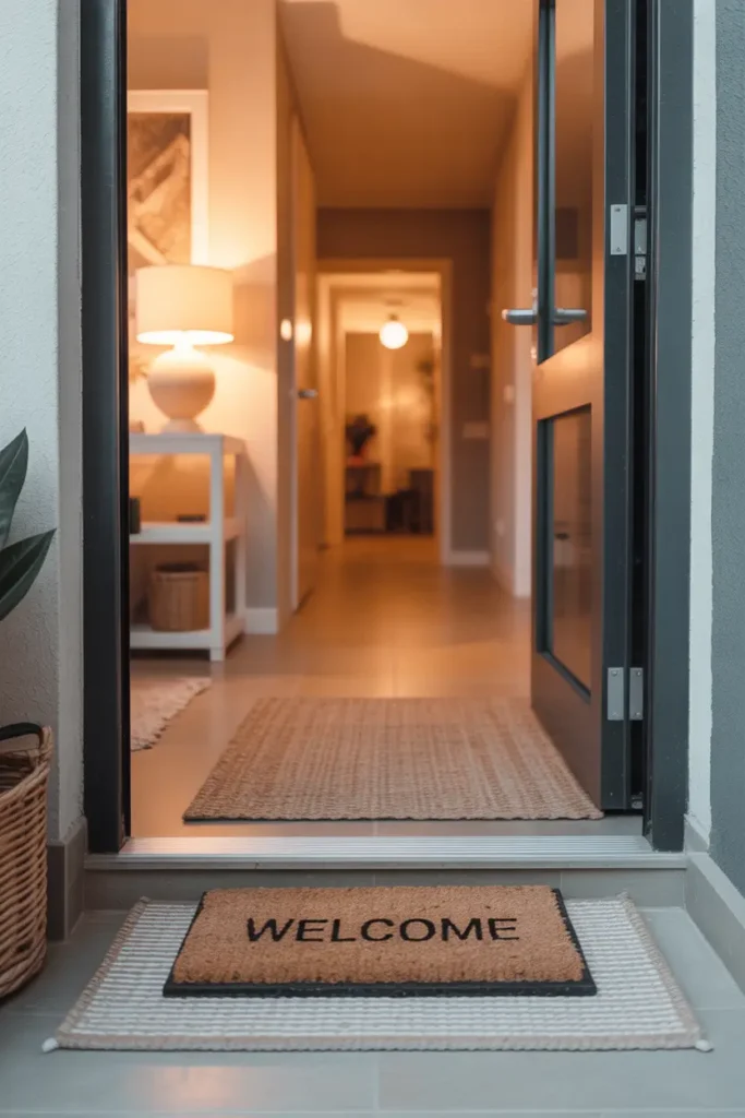 apartment entrance showing layered doormats placed outside a modern apartment door. Neutral striped rug underneath with a smaller welcome mat on top, warm hallway lighting, cozy textures, clean apartment corridor, soft feminine styling, natural shadows, inviting home atmosphere with realistic materials and balanced composition.