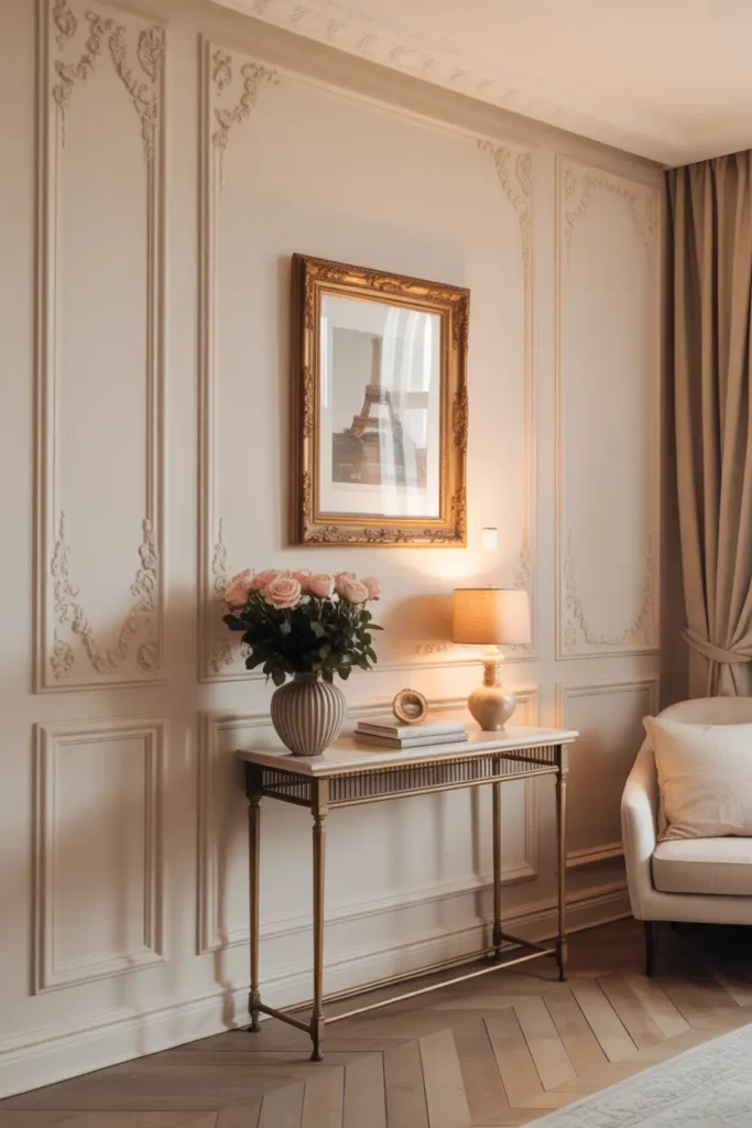 Paris apartment wall with elegant French molding panels, warm cream paint, vintage gold frame art, slim console table with ceramic vase and roses, warm natural light filling the room, light wooden floor, feminine Paris interior aesthetic, calm cozy styling, Pinterest style photography.
