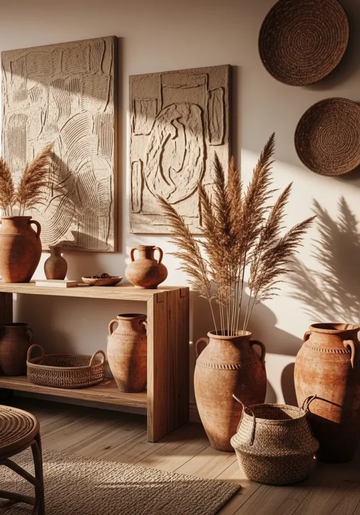 Pinterest style earthy apartment interior with terracotta pottery, clay vases, wooden console table, woven baskets, beige textured wall art, warm sunlight creating soft shadows, dried grasses in pottery, neutral cozy palette with natural materials, modern boho apartment styling with warm earthy decor elements.