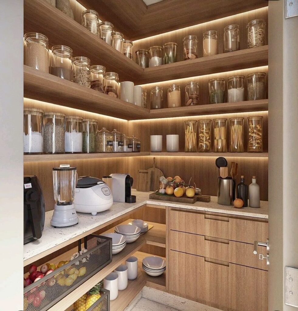 Bright Pinterest-style kitchen pantry with clear acrylic storage containers neatly lined on white wooden shelves, labeled jars filled with pasta, cereal, rice, and snacks, soft warm under-shelf lighting, light oak flooring, woven basket accents, cozy modern farmhouse kitchen feeling, natural daylight from nearby window casting soft shadows, calm organized aesthetic perfect for small pantry styling.