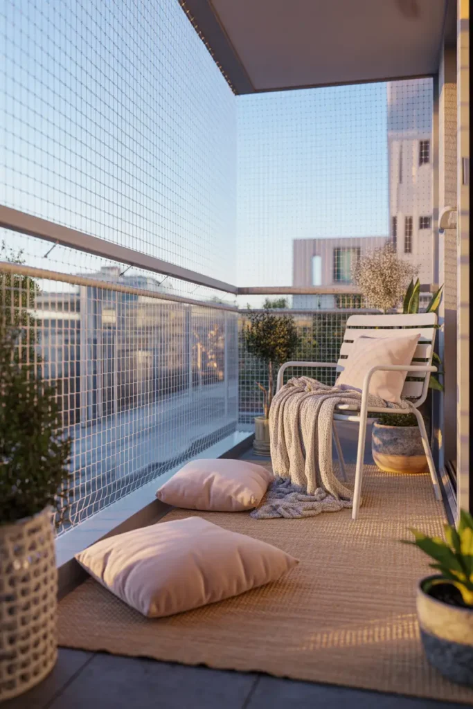 apartment balcony with clear cat safety netting attached neatly from floor to ceiling, soft beige outdoor rug, blush floor cushions, slim white metal chair with knit throw, warm late afternoon light, potted plants in textured planters, calm cozy mood, clean apartment styling, realistic shadows, soft textures, small urban balcony layout, elegant feminine decor, safe pet-friendly design, airy and bright atmosphere, natural materials, detailed realistic photography style