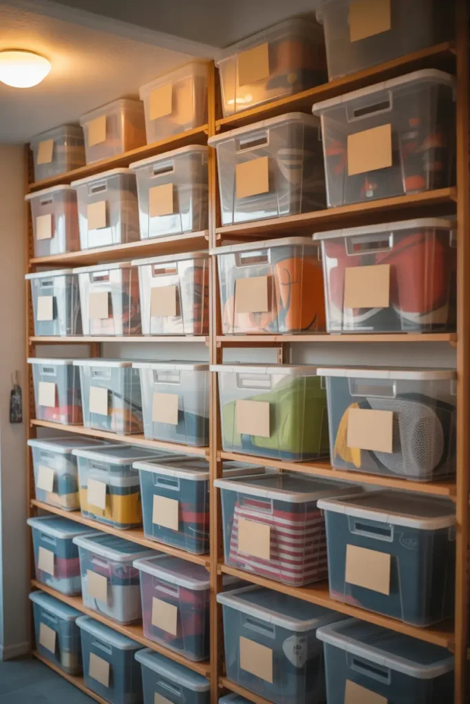 Bright apartment garage storage wall with transparent plastic bins neatly stacked on wooden shelves, each bin labeled with soft minimal tags, warm overhead lighting creating gentle shadows, organized sports gear and seasonal decor visible through bins, clean modern garage interior with Pinterest inspired styling and tidy balanced composition.