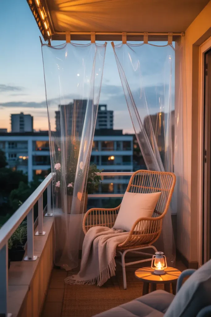 Cozy apartment balcony styled with clear vinyl screen curtains hanging from ceiling rod, warm sunset light glowing through transparent panels, small rattan lounge chair with cream cushion, soft throw blanket, tiny lantern on side table, urban apartment skyline in background, calm, relaxing balcony atmosphere with warm golden lighting.