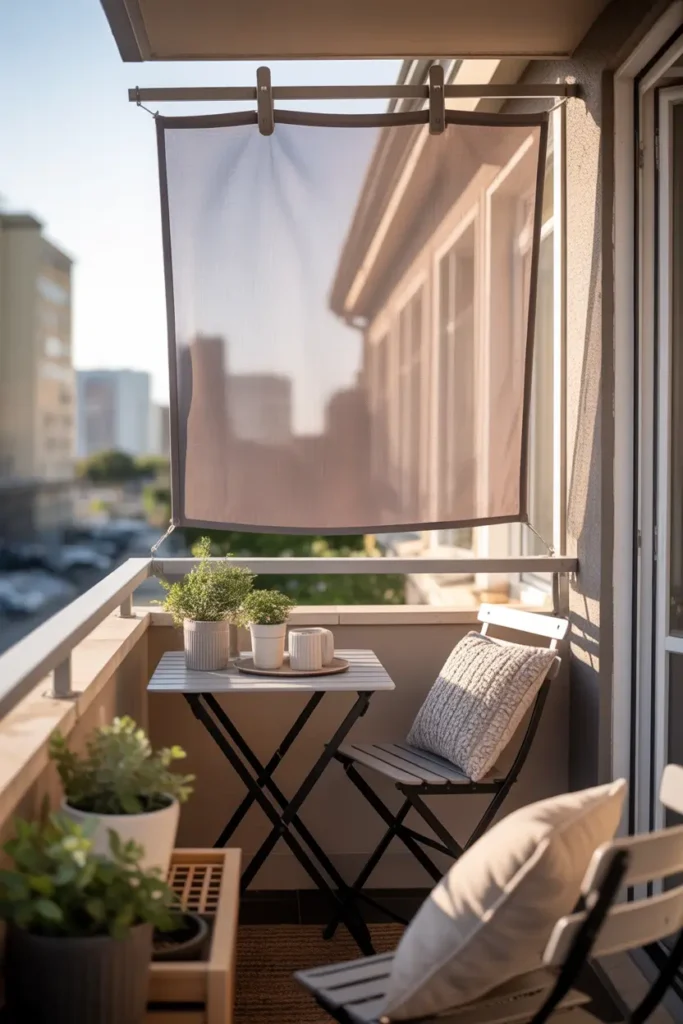small apartment balcony with clip on fabric sun panel in soft taupe attached neatly to railing and upper frame, compact balcony with folding chair, tiny café table, ceramic planters, textured seat cushion, warm daylight softened through fabric, realistic city apartment backdrop, neutral tones, calm feminine styling, layered textures, cozy outdoor nook feeling, Pinterest-style realistic scene with soft shadows, practical renter-friendly balcony shade setup full of warmth