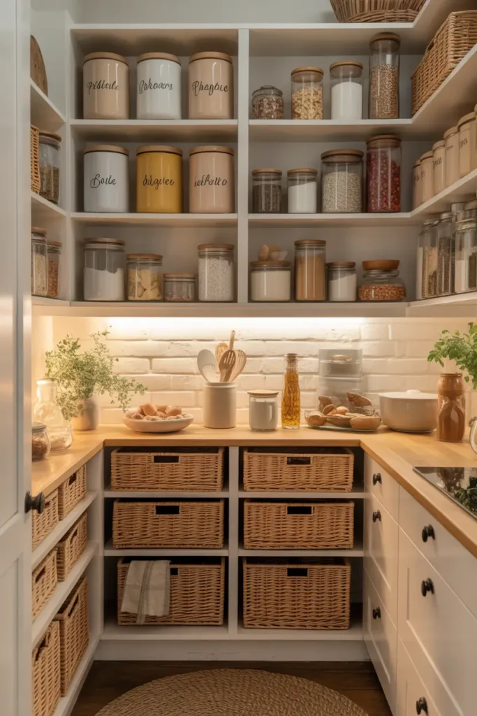 Beautiful small pantry with color-coordinated storage jars and baskets, soft neutral palette of beige, cream, and light wood textures, warm lighting highlighting organized ingredients, Pinterest-style kitchen storage scene with calming aesthetic and cozy home atmosphere.