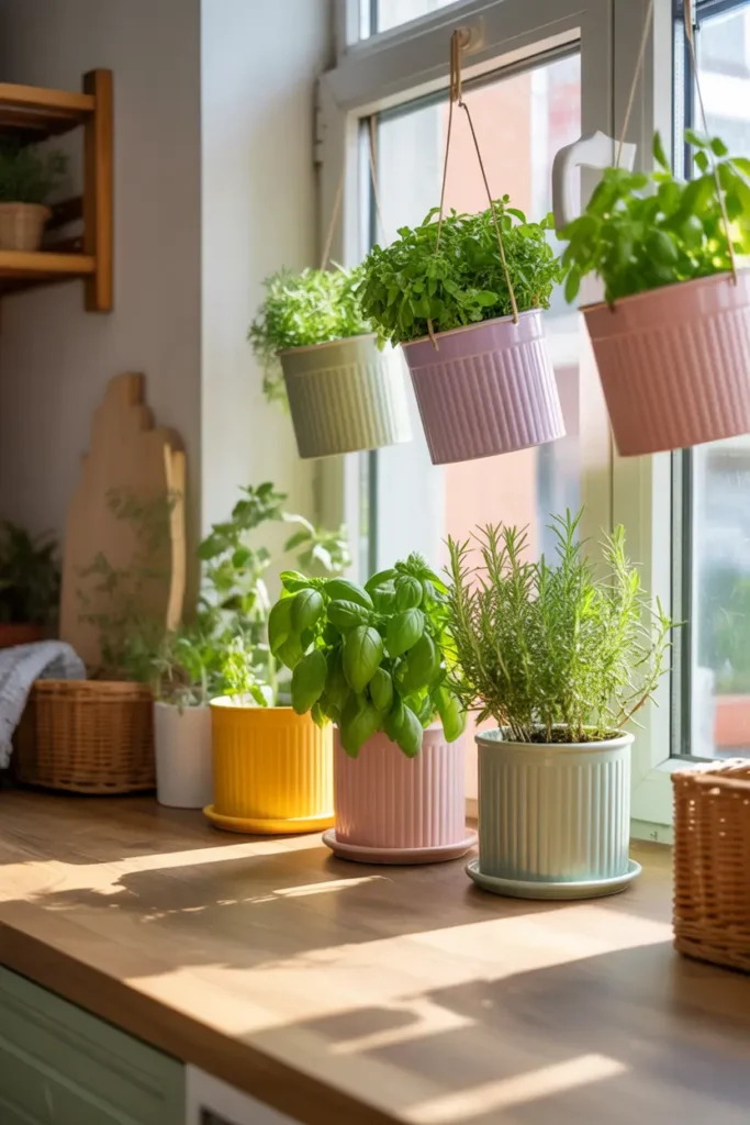 Bright sunny apartment window decorated with colorful ceramic herb pots in soft pastel shades, basil, rosemary, and parsley growing in vibrant containers, warm sunlight filling cozy kitchen, wooden countertop and woven basket nearby, cheerful Pinterest-style interior with inviting natural textures and bright atmosphere.