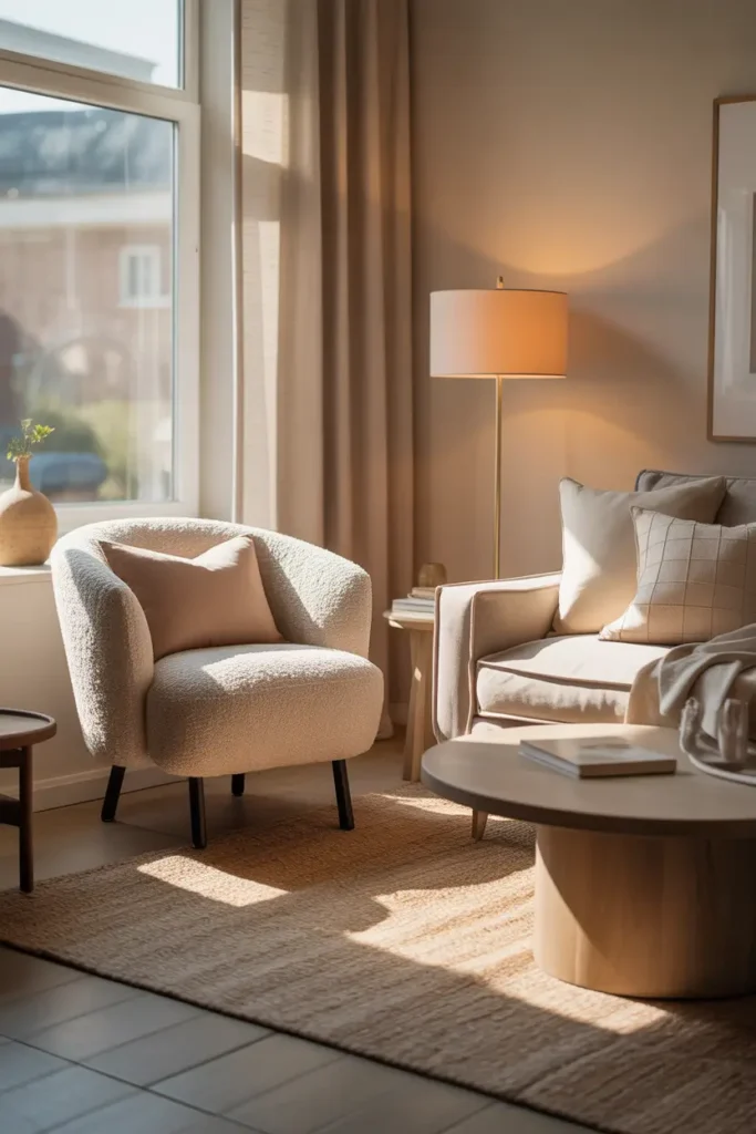 Pinterest-style realistic apartment living room with compact accent chair in soft boucle fabric, placed near a window beside a slim floor lamp, neutral sofa with layered pillows, round wood coffee table, woven rug, warm sunlight, beige and cream color palette, soft textures, cozy feminine apartment decor, natural lighting, relaxed mood, detailed interior scene with tidy layout and welcoming small-space styling.