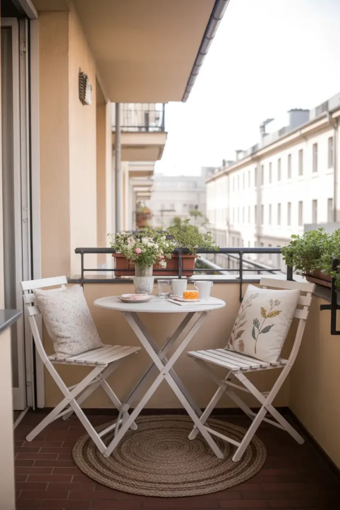 Charming Pinterest-style apartment balcony featuring small round bistro table with two folding chairs, soft pastel cushions, small vase with flowers on table, woven outdoor rug underneath, balcony railing decorated with small plants, soft natural daylight creating relaxed breakfast balcony scene.