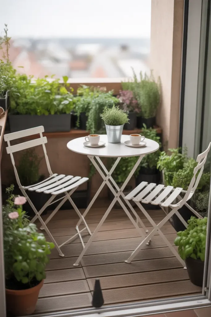 Charming small apartment balcony styled with a white metal bistro table and two matching chairs, small coffee cups placed on table, potted herbs and flowers around edges, light wooden decking floor, soft daylight illuminating cozy outdoor dining nook, airy minimal styling perfect for Pinterest patio inspiration.
