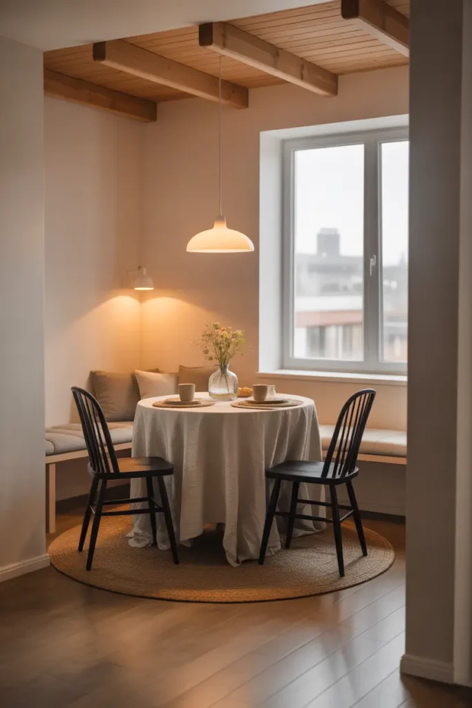 Small loft apartment dining nook under wooden loft platform, round table with two chairs, soft pendant light hanging low, textured linen tablecloth, small vase with fresh flowers, warm wood flooring, neutral color palette, soft natural light through window, cozy tiny apartment dining corner styled for Pinterest photography with calm relaxed mood.