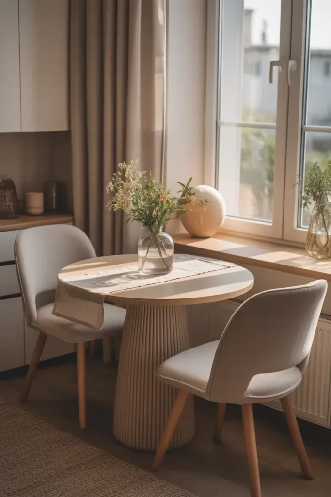 Small apartment dining nook with round compact dining table, two soft upholstered chairs, light wood finish, linen table runner, small glass vase with fresh flowers, sunlight entering through nearby window, warm neutral palette, cozy apartment interior styled for Pinterest, realistic textures and calm inviting lighting.