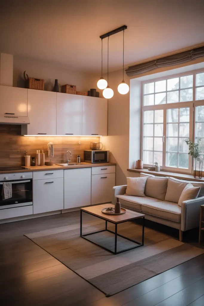 Small apartment over garage with open kitchen and living area, compact white cabinets, wooden countertop, small sofa facing coffee table, pendant lights glowing softly, neutral palette, large window bringing natural light, Pinterest style interior scene, cozy modern small apartment atmosphere, clean styling with warm textures and balanced layout